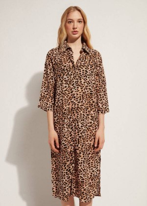 Calzedonia Animal Patterned Midi Shirt Cover-Ups Damen Braun | DE2124XF