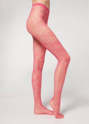 Calzedonia Floral Spitze-Motif Fishnet Patterned Strumpfhose Damen Rosa | DE3091KI