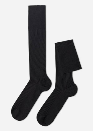 Calzedonia Lisle Thread Gerippt Long Socken Herren Schwarz | DE1435IS
