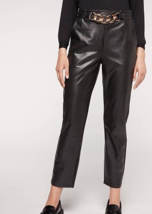 Calzedonia Thermal Coated Effect with Chain Trim Hose Damen Schwarz | DE1449CE