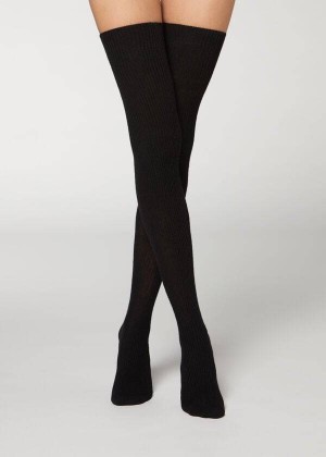Calzedonia Thigh High Socks with Open Knit Wolle Stockings Damen Schwarz | DE2921WY